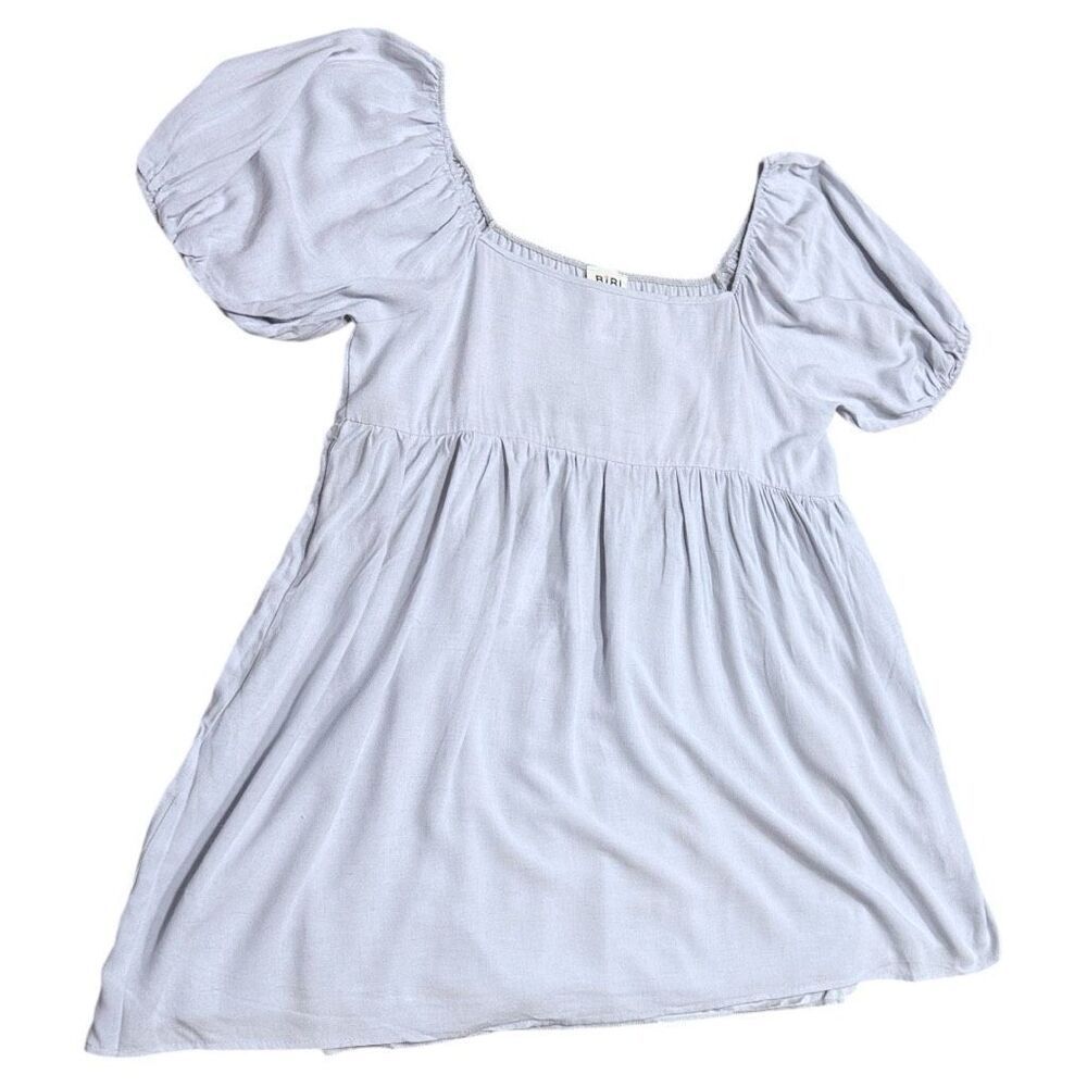 BiBi Mini Dress Blue Washed Linen Puff Sleeve Empire Waist NEW - Picture 8 of 11